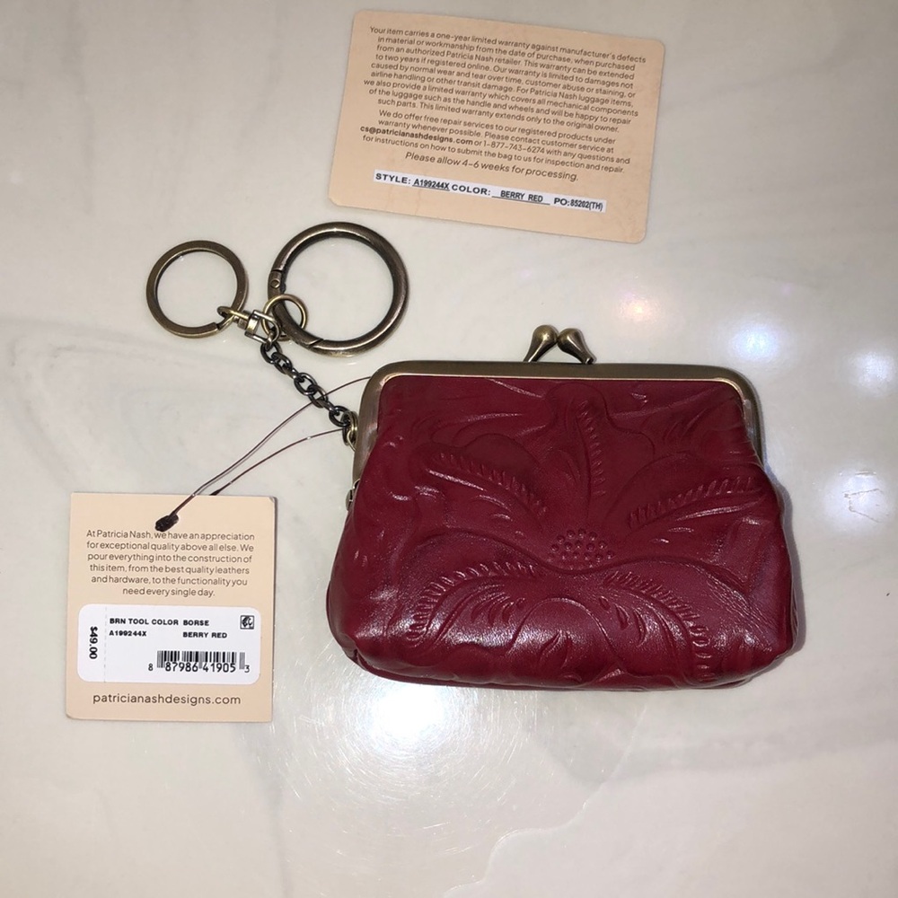 Patricia Nash Borse Burnished Tooled Leather Coin Purse In Berry Red NWT & Card